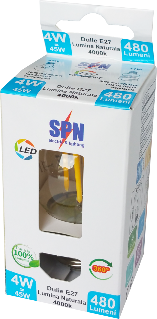 Bec Filament Sferic E27, 4W=45W, 4000K, lumina neutra - imagine 2