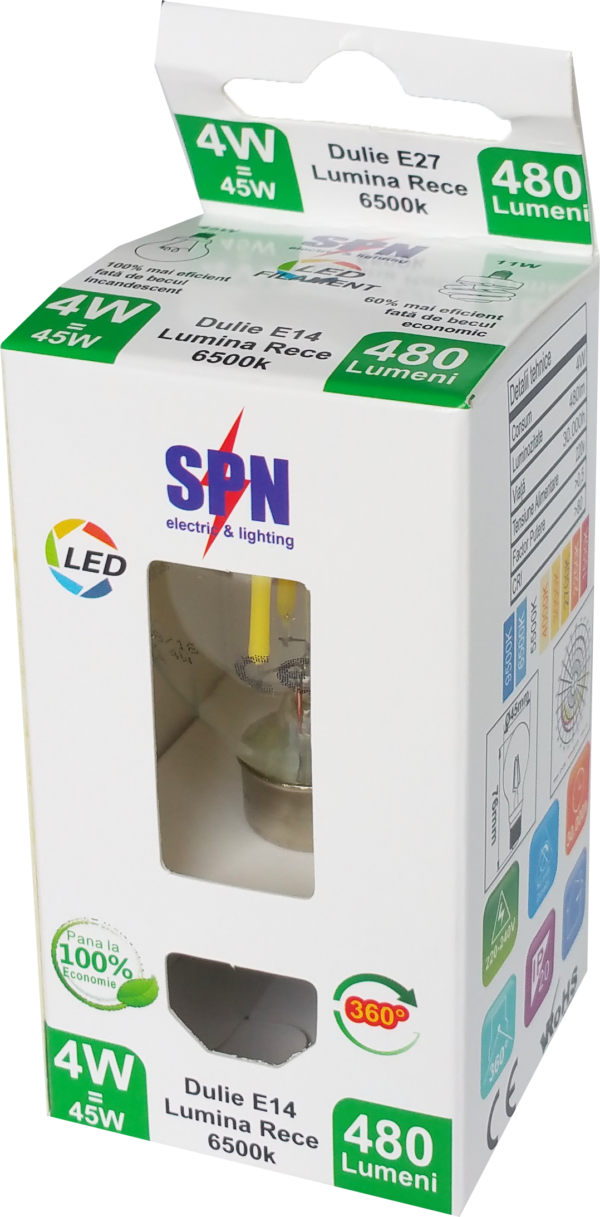 Bec Filament Sferic E14, 4W=45W, 6500K, lumina rece - imagine 2