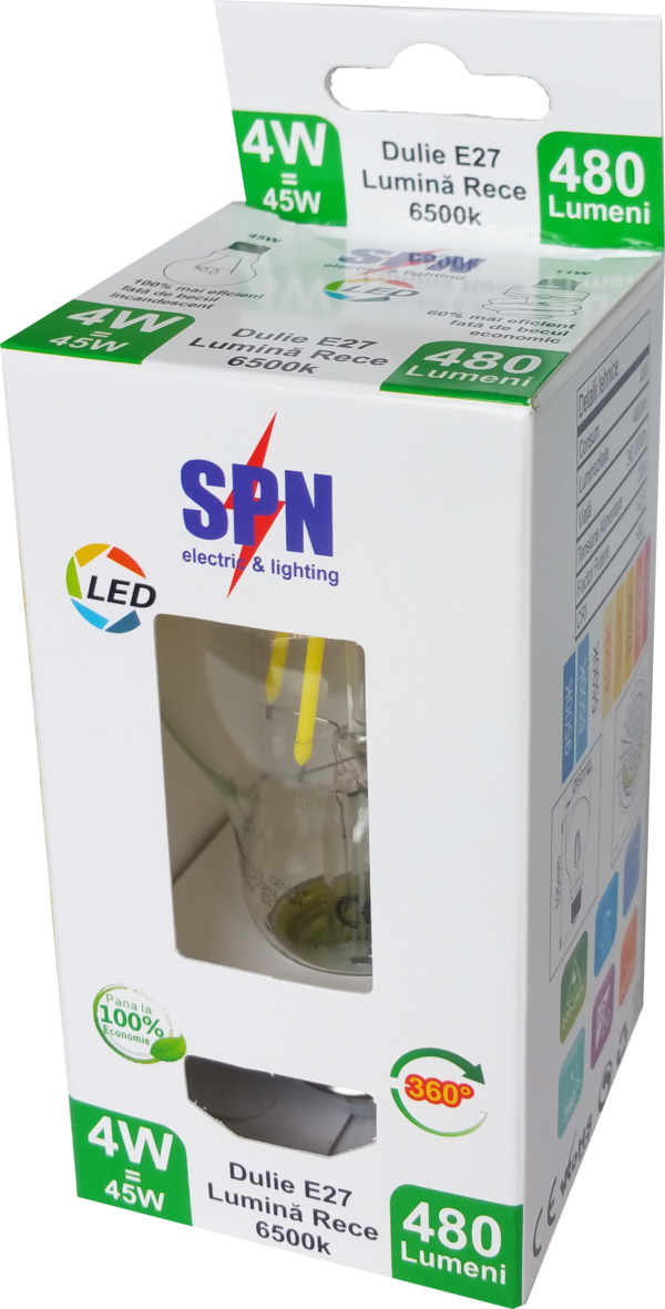 Bec Filament E27, model A60, 4W=45W, 6500K, lumina rece - imagine 2
