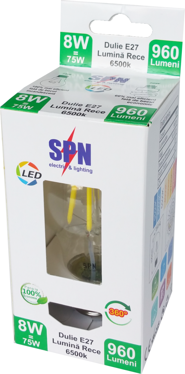 Bec Filament E27, model A60, 8W=75W, 6500K, lumina rece - imagine 3