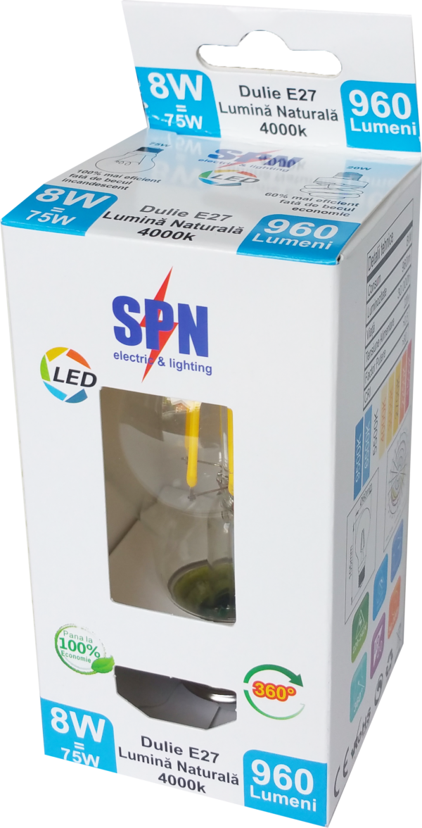 Bec Filament E27, model A60, 8W=75W, 4000K, lumina neutra - imagine 2