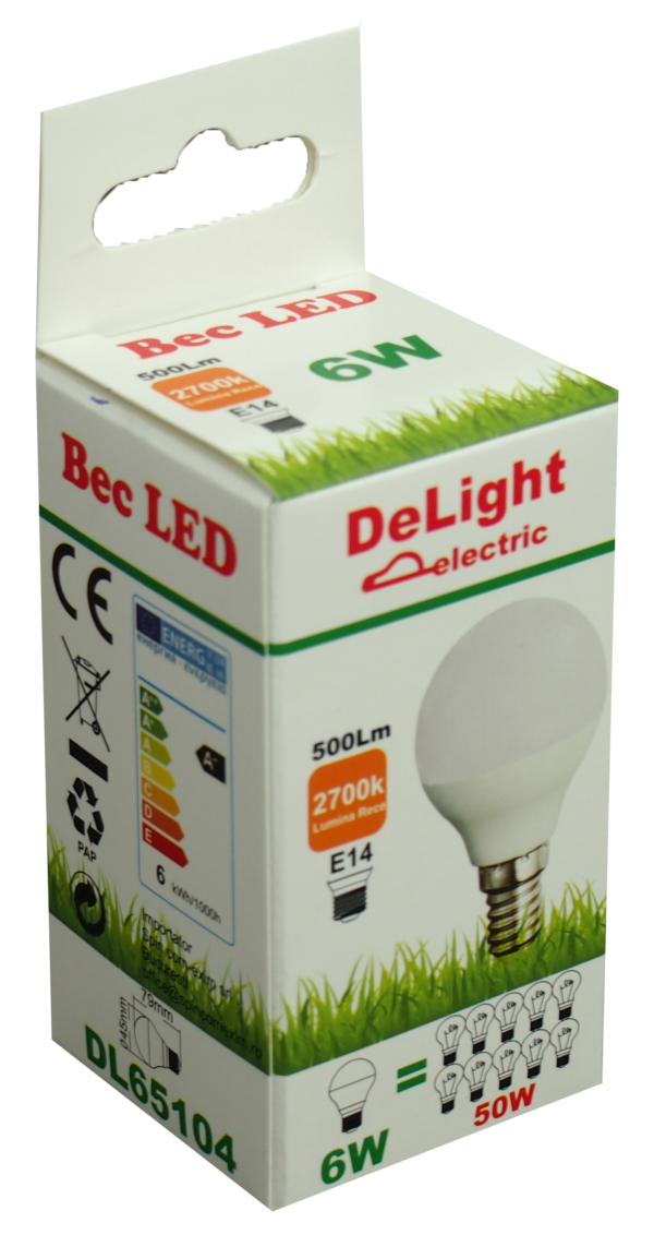 Bec LED Sferic E14, model G45, 6W=50W, 2700K, lumina calda - imagine 2