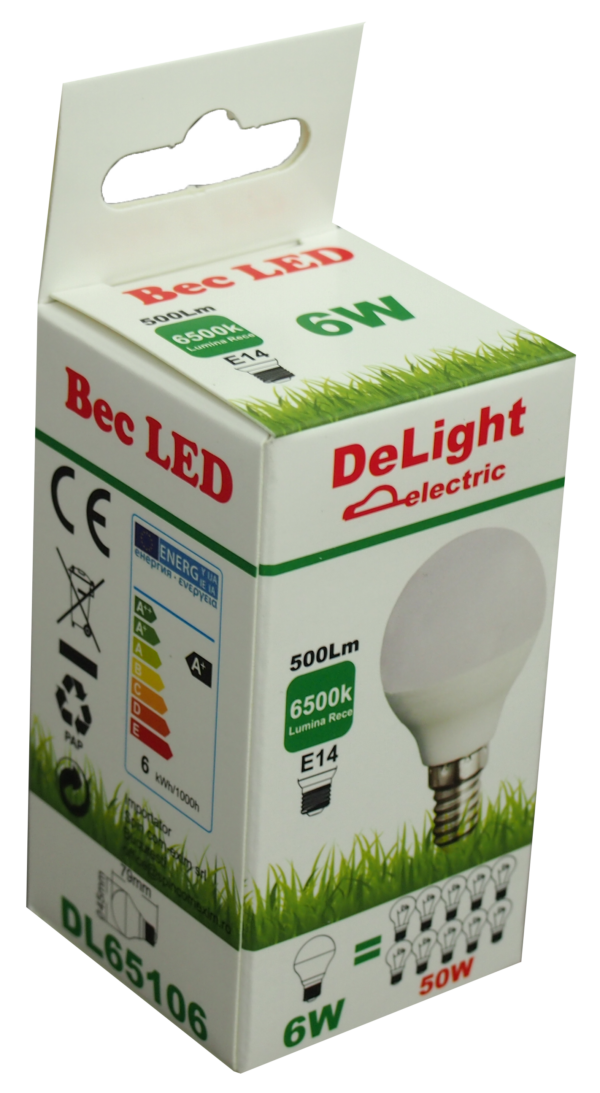 Bec LED Sferic E14, model G45, 6W=50W, 6500K, lumina rece - imagine 2