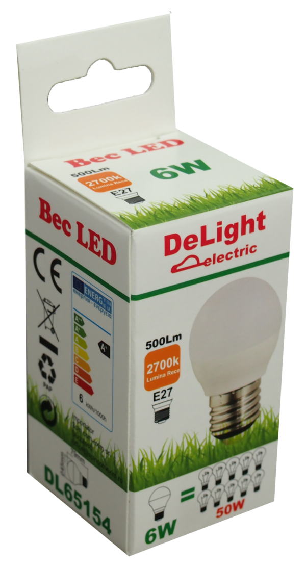 Bec LED Sferic E27, model G45, 6W=50W, 2700K, lumina calda - imagine 2