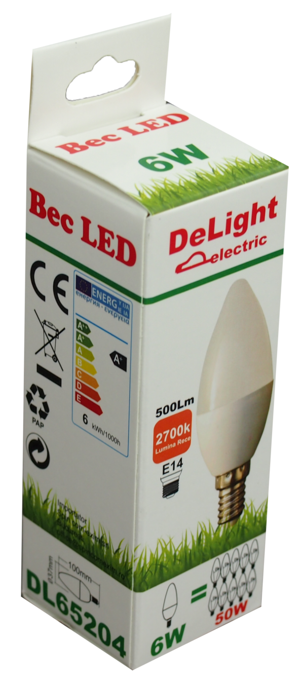 Bec LED Lumanare E14, model C37, 6W=50W, 2700K, lumina calda - imagine 2