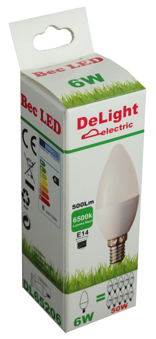Bec LED Lumanare E14, model C37, 6W=50W, 6500K, lumina rece - imagine 2