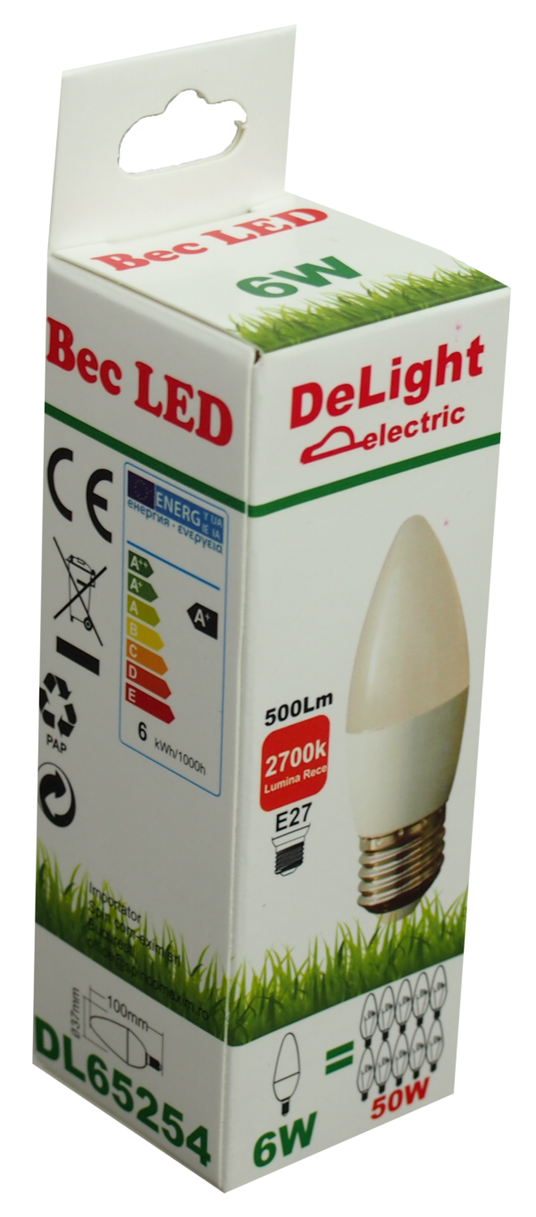 Bec LED Lumanare E27, model C37, 6W=50W, 6400K, lumina rece - imagine 2