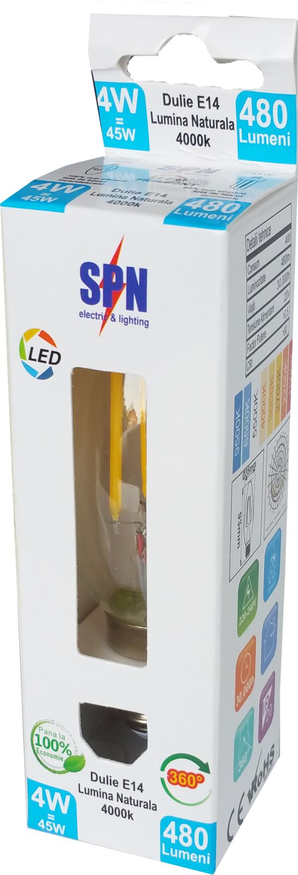 Bec Filament Lumanare E14, 4W=45W, 4000K, lumina neutra, 480Lm - imagine 2