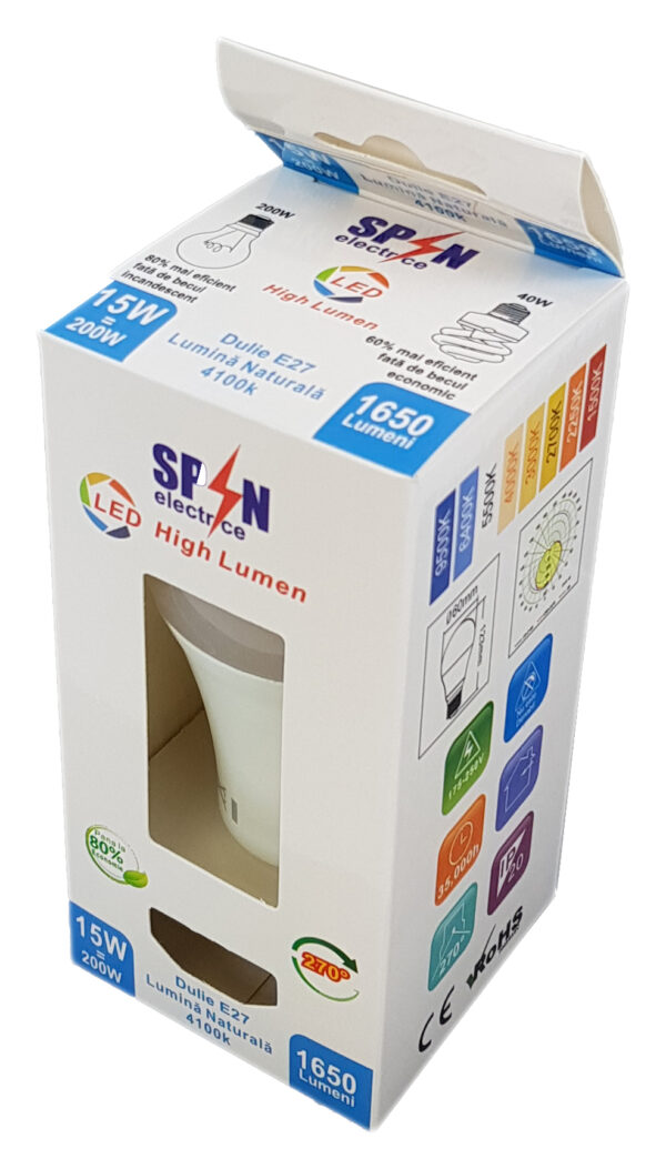 Bec LED E27, model glob A60, 15W=200W, 4000K, lumina neutra, 1650Lm - imagine 2