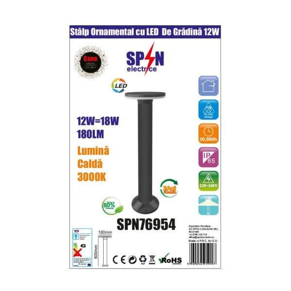 Stalp Ornamental cu LED De Gradina 12W, 3000k, Lumina Calda - imagine 2