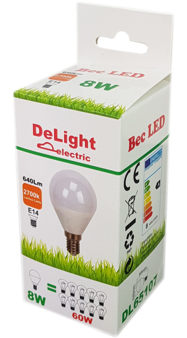 Bec LED Sferic E14, model G45, 8W=60W, 2700K, lumina calda - imagine 2