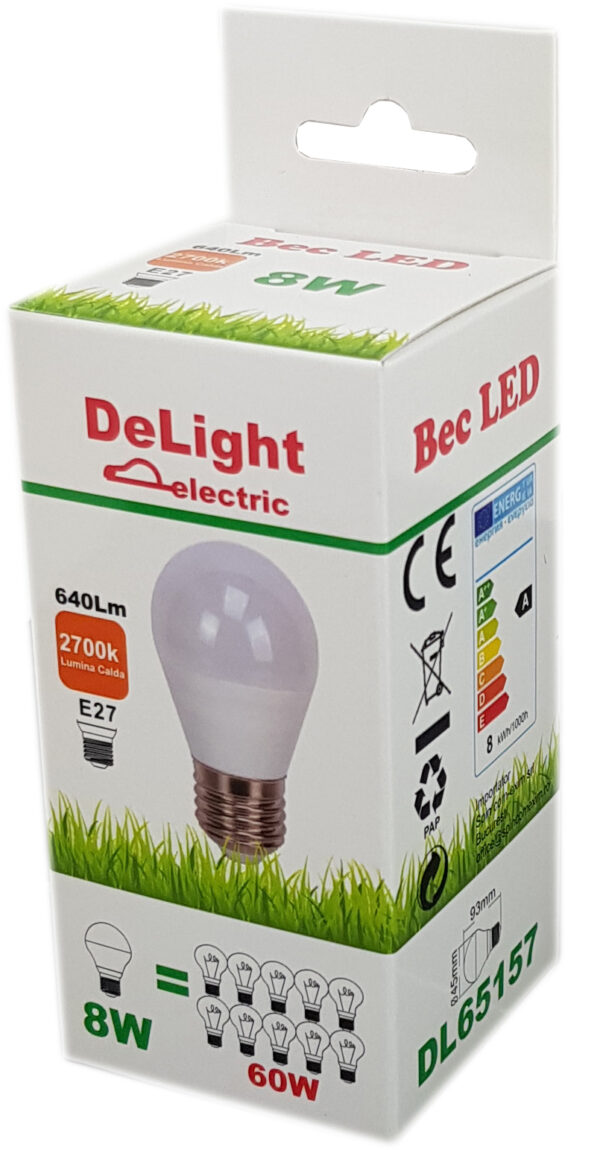Bec LED Sferic E27, model G45, 8W=60W, 2700K, lumina calda - imagine 2