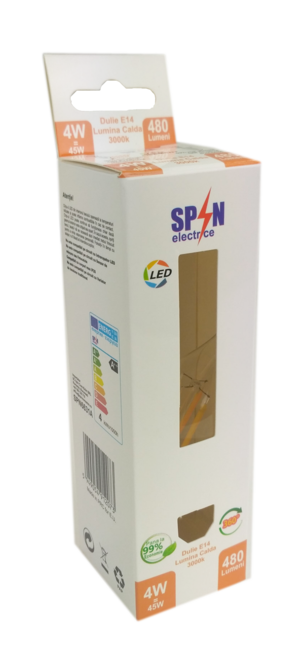 Bec Filament Lumanare E14, 4W=45W, 3000K, lumina calda - imagine 3