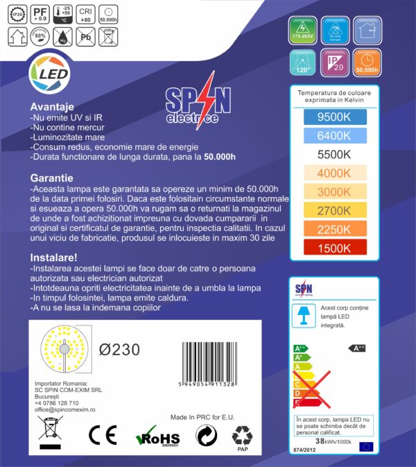 Modul LED pt Aplica Fi230, 38W=350W, 6000K, lumina rece - imagine 6